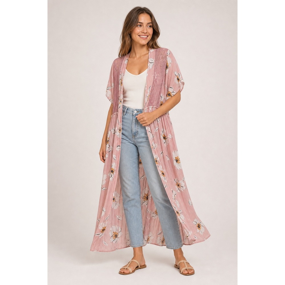 Liberty Love Duster Cardigan Women Large Pink Excellent Floral Lace Boho Maxi
